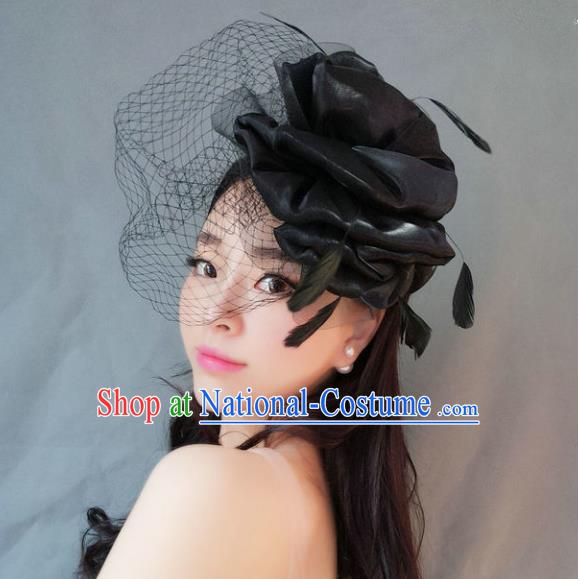 Handmade Baroque Hair Accessories Black Veil Mask, Bride Ceremonial Occasions Exaggerate Feather Hair Clasp for Women