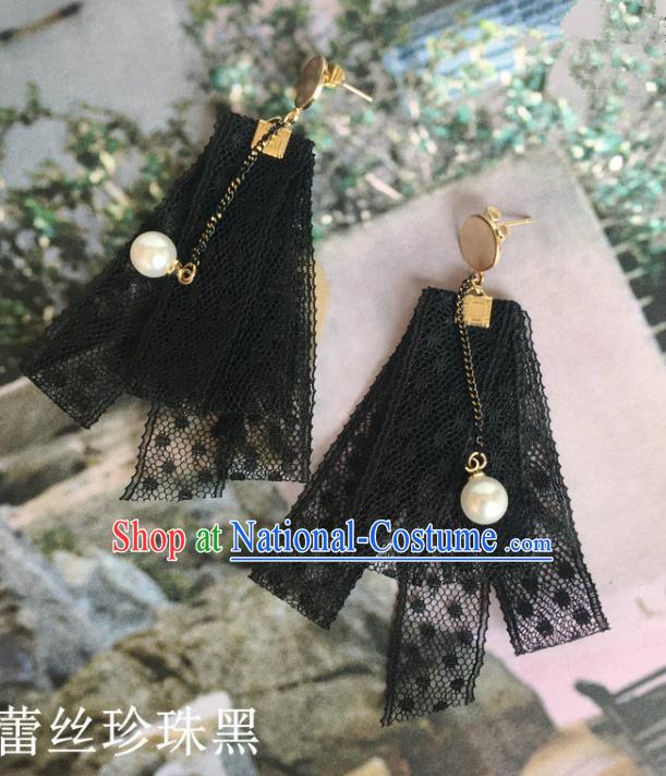 Handmade Wedding Accessories Black Lace Pearls Tassel Earrings, Bride Ceremonial Occasions Vintage Eardrop for Women