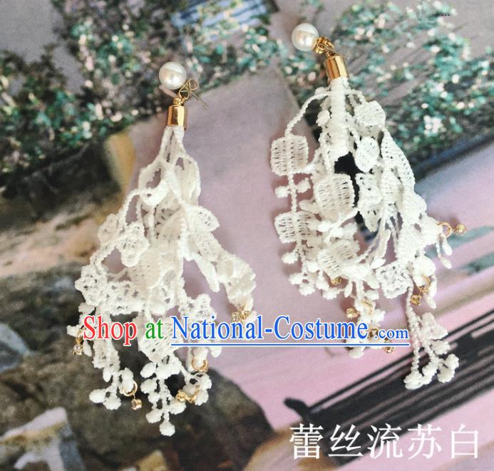 Handmade Wedding Accessories Tassel Earrings, Bride Ceremonial Occasions Vintage White Lace Eardrop for Women