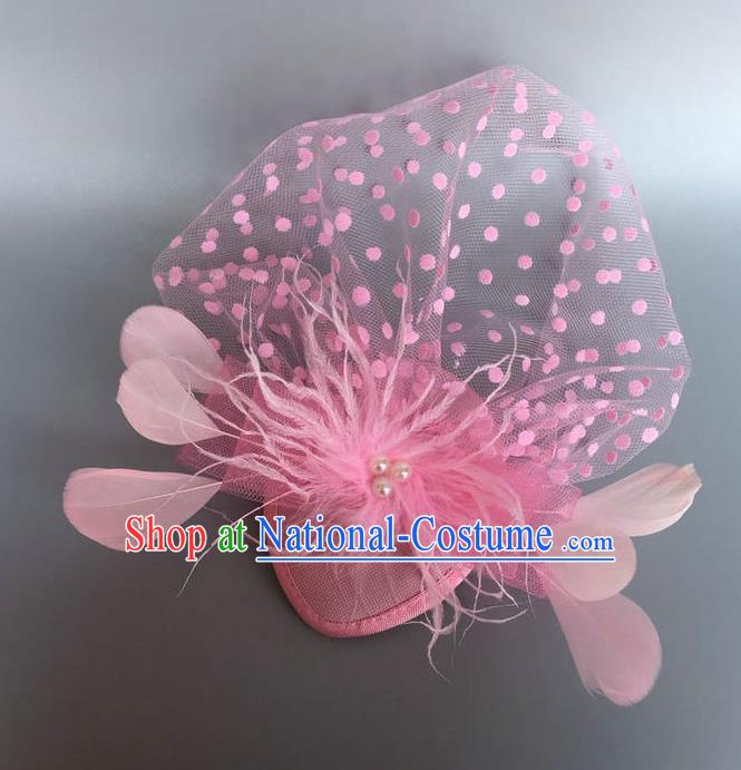 Handmade Baroque Hair Accessories Pink Feather Headwear, Bride Ceremonial Occasions Top Hat for Kids