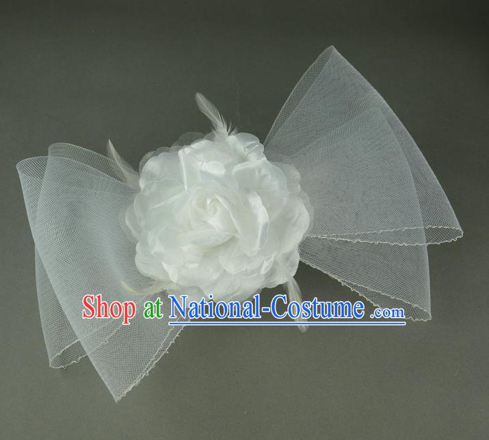 Handmade Baroque Hair Accessories White Veil Bowknot Headwear, Bride Ceremonial Occasions Hair Stick for Kids