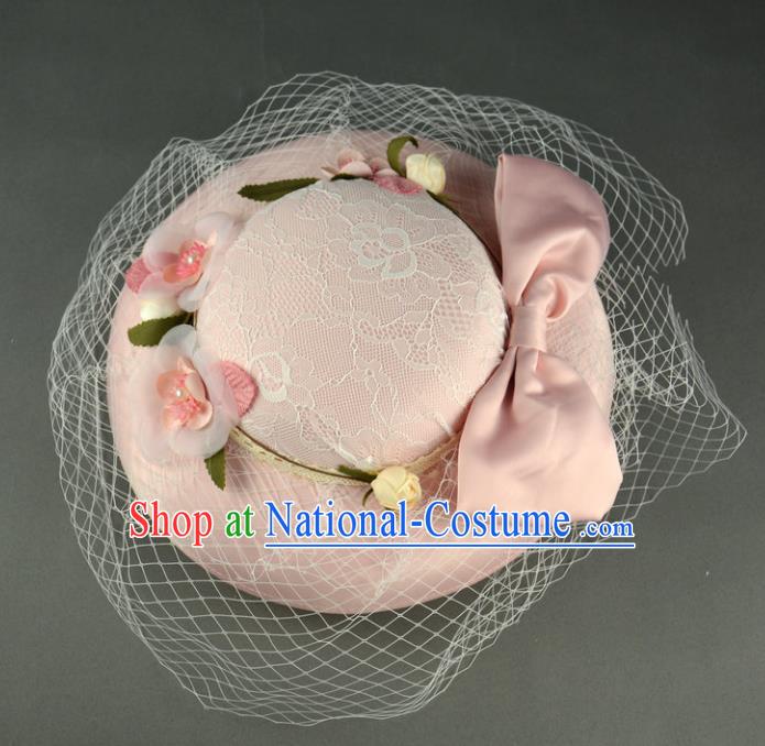 Handmade Baroque Hair Accessories Model Show Pink Bowknot Top Hats, Bride Ceremonial Occasions Headwear for Women