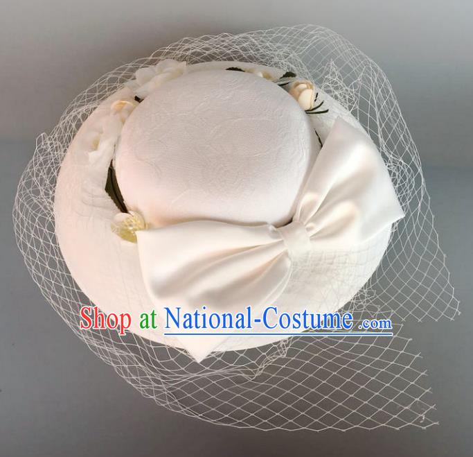 Handmade Baroque Hair Accessories Model Show White Bowknot Top Hats, Bride Ceremonial Occasions Headwear for Women