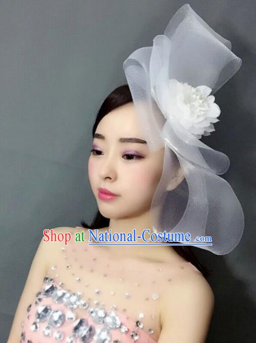 Handmade Baroque Hair Accessories Model Show White Veil Bowknot Hair Stick, Bride Ceremonial Occasions Headwear for Women