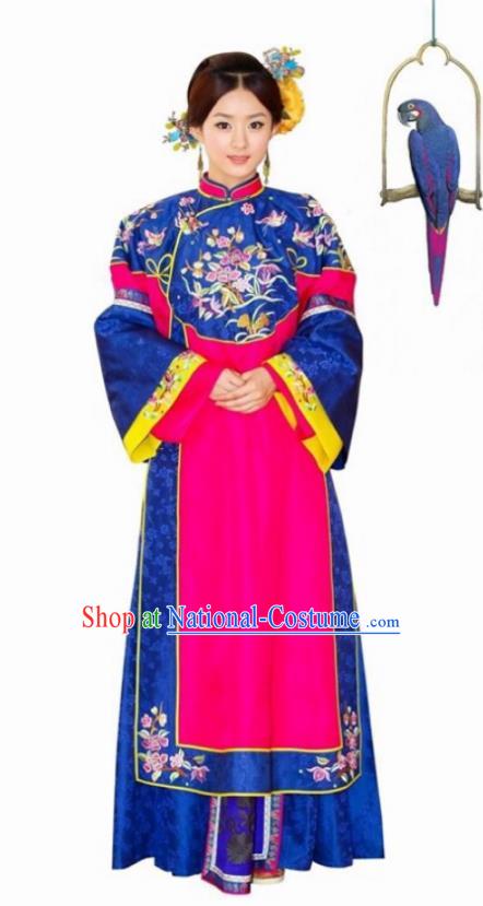 Traditional Chinese Qing Dynasty Palace Lady Embroidered Costume, Asian China Ancient Manchu Princess Dress Clothing for Women