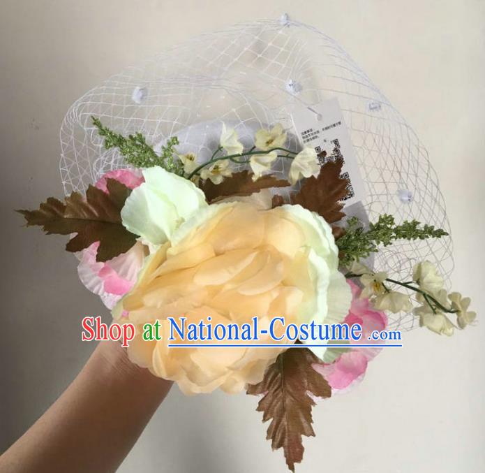 Top Grade Handmade Wedding Hair Accessories Veil Yellow Flowers Headwear, Baroque Style Bride Pearls Top Hat for Women