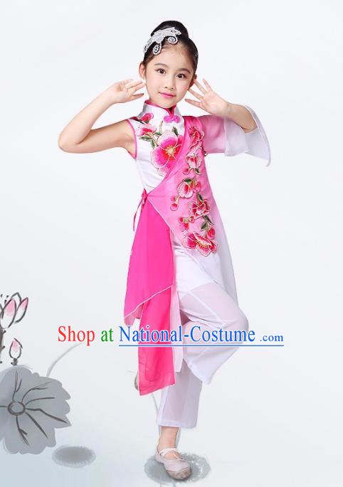 Traditional Chinese Classical Yangge Fan Dance Costume, Children Folk Dance Uniform Yangko Pink Clothing for Kids