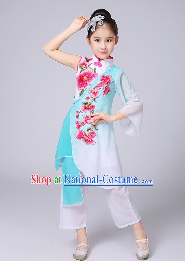 Traditional Chinese Classical Yangge Fan Dance Costume, Children Folk Dance Uniform Yangko Green Embroidery Clothing for Kids