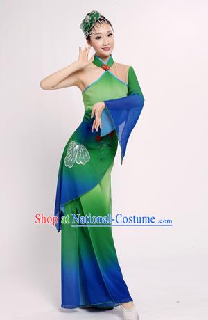 Traditional Chinese Classical Yangge Fan Dance Costume, China Folk Lotus Dance Uniform Yangko Green Clothing for Women