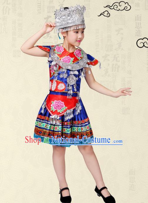 Traditional Chinese Miao Nationality Dance Costume, Hmong Children Folk Dance Ethnic Pleated Skirt Embroidery Clothing for Kids