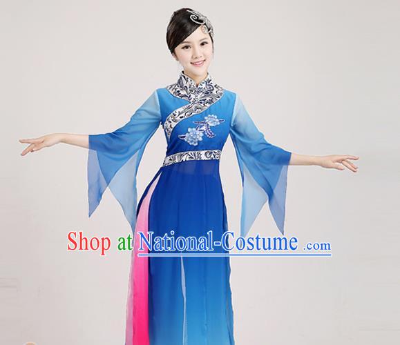 Traditional Chinese Classical Yangge Dance Embroidered Costume, Folk Fan Dance Uniform Classical Dance Blue Clothing for Women