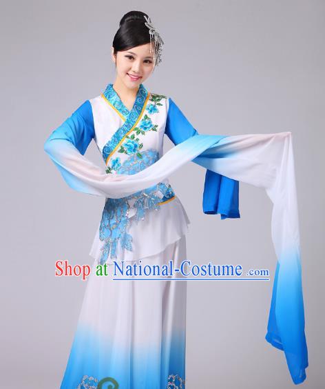 Traditional Chinese Classical Yangge Fan Dance Embroidered Costume, Folk Dance Uniform Classical Dance Water Sleeve Blue Clothing for Women