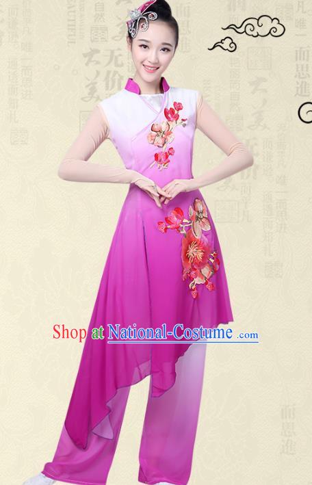 Traditional Chinese Classical Yangge Fan Dance Embroidered Costume, Folk Dance Uniform Classical Dance Purple Clothing for Women