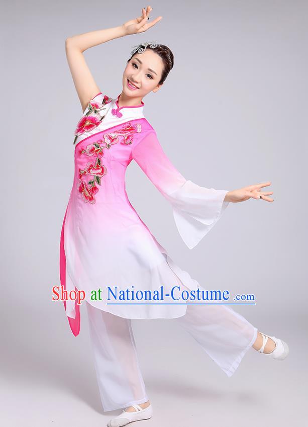 Traditional Chinese Classical Yangge Fan Dance Embroidered Costume, Folk Dance Uniform Classical Dance Pink Clothing for Women