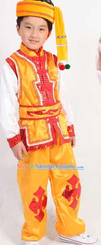 Traditional Chinese Classical Yangge Fan Dance Costume, Dai Nationality Folk Dance Uniform Drum Dance Yellow Clothing for Kids