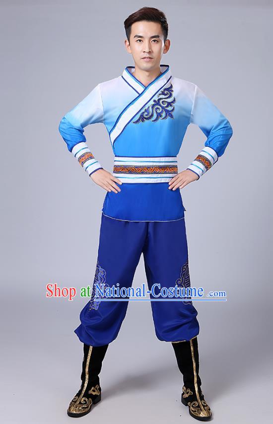 Traditional Chinese Classical Yangge Dance Embroidered Costume, Folk Fan Dance Uniform Drum Dance Blue Clothing for Men