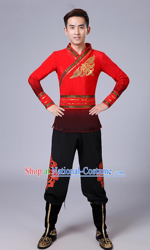 Traditional Chinese Classical Yangge Dance Embroidered Costume, Folk Fan Dance Uniform Drum Dance Red Clothing for Men