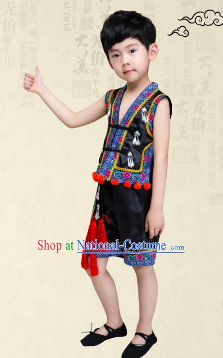 Traditional Chinese Miao Nationality Dance Costume, Children Folk Dance Ethnic Embroidery Black Clothing for Boys