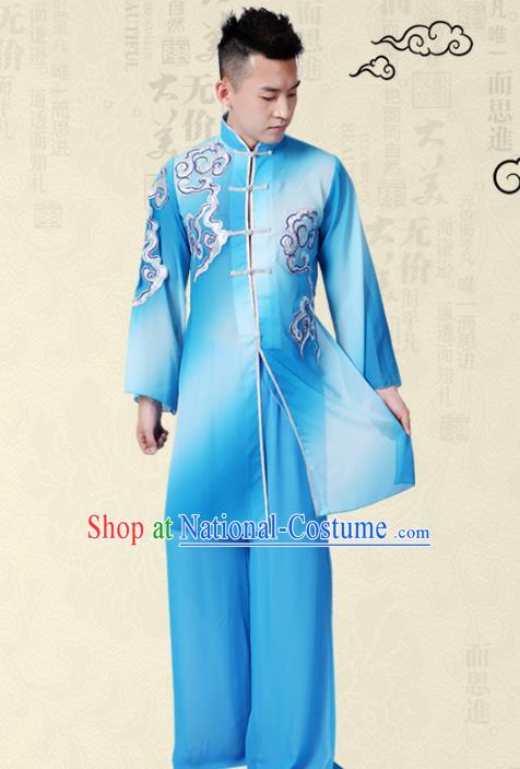 Traditional Chinese Classical Yangge Fan Dance Costume, Folk Dance Uniform Drum Dance Blue Clothing for Men