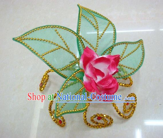 Top Grade Handmade Chinese Folk Dance Hair Accessories, China Yangge Fan Dance Rosy Flower Headwear for Women