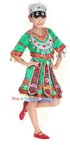 Traditional Chinese Miao Nationality Dance Costume, Hmong Children Folk Dance Ethnic Pleated Skirt Embroidery Green Clothing for Kids