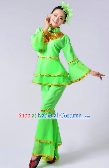 Traditional Chinese Yangge Fan Dance Mandarin Sleeve Costume, Folk Umbrella Dance Uniform Classical Dance Green Clothing for Women