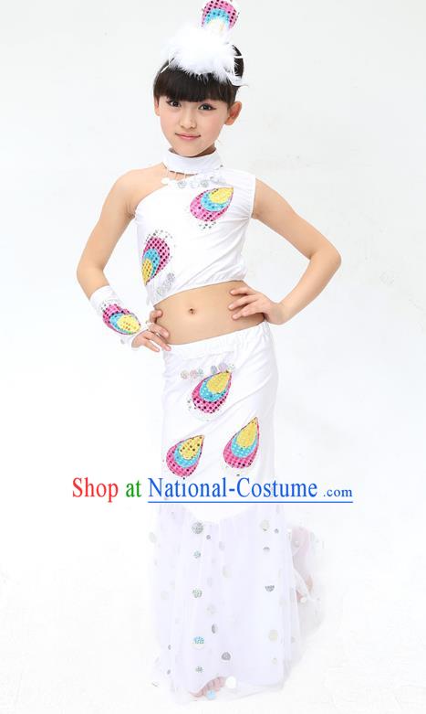 Traditional Chinese Dai Nationality Peacock Dance White Costume, Folk Dance Ethnic Pavane Clothing Minority Dance Dress for Kids