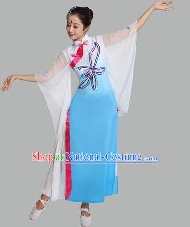 Traditional Chinese Yangge Fan Dance Mandarin Sleeve Costume, Folk Umbrella Dance Uniform Classical Dance Blue Dress Clothing for Women