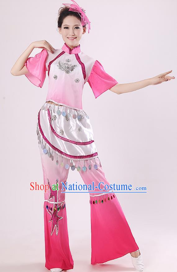 Traditional Chinese Yangge Fan Dance Mandarin Sleeve Costume, Folk Umbrella Dance Pink Uniform Classical Dance Clothing for Women