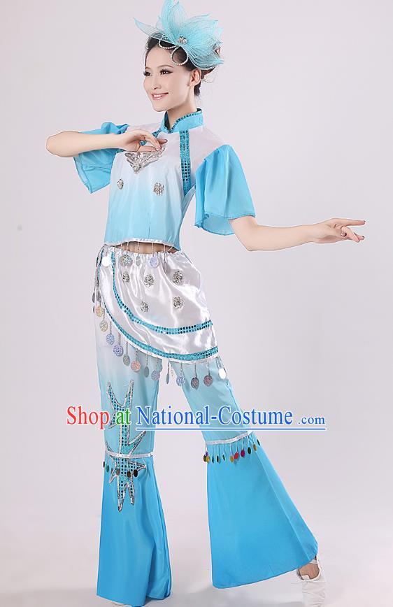 Traditional Chinese Yangge Fan Dance Mandarin Sleeve Costume, Folk Umbrella Dance Blue Uniform Classical Dance Clothing for Women