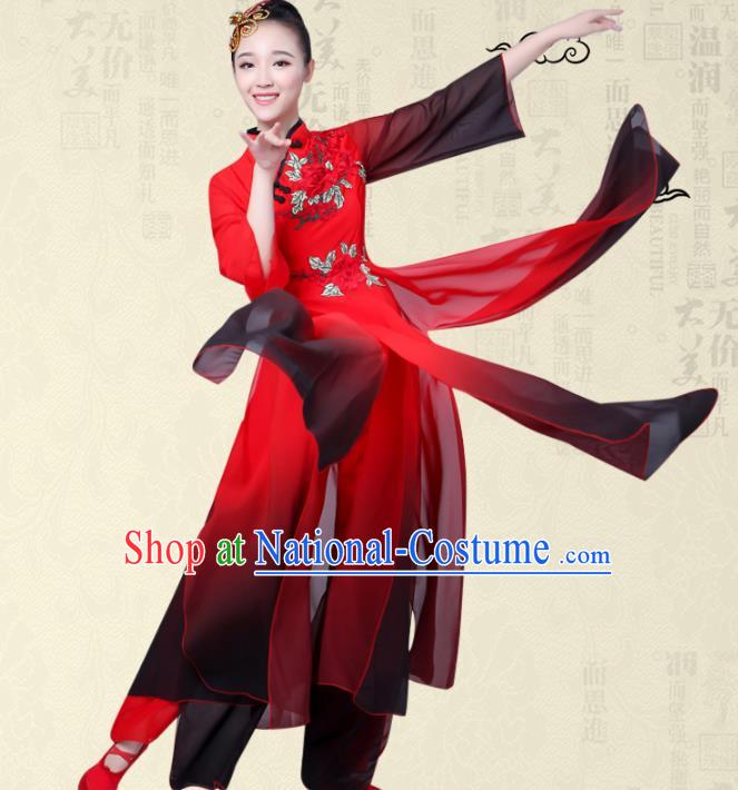 Traditional Chinese Yangge Fan Dance Ink Painting Costume, Folk Dance Orange Uniform Classical Dance Red Clothing for Women