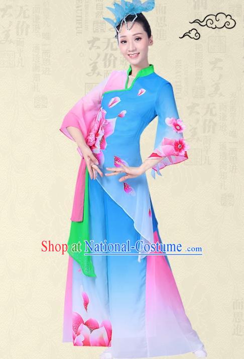 Traditional Chinese Yangge Fan Dance Ink Painting Costume, Folk Umbrella Dance Uniform Classical Dance Blue Clothing for Women