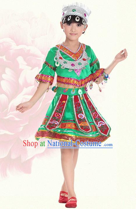 Traditional Chinese Miao Nationality Dance Costume, Hmong Children Folk Dance Ethnic Green Pleated Skirt Embroidery Clothing for Kids