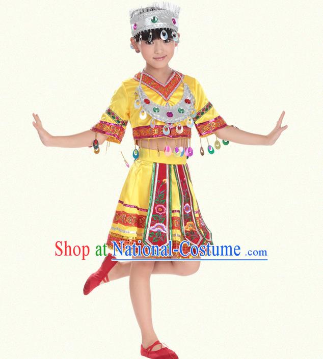 Traditional Chinese Miao Nationality Dance Costume, Hmong Children Folk Dance Ethnic Yellow Pleated Skirt Embroidery Clothing for Kids