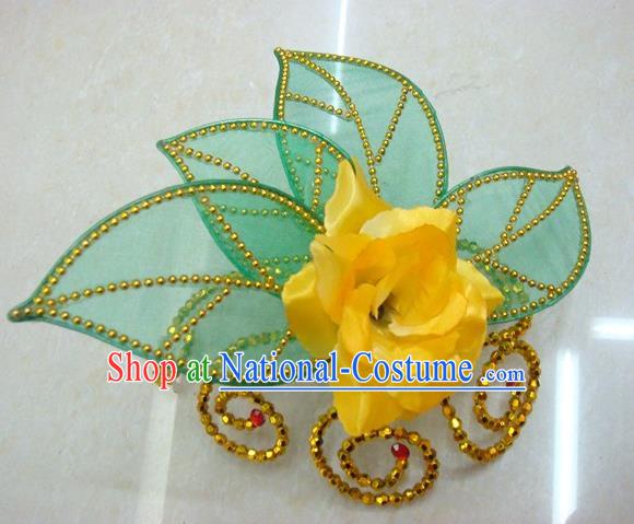 Top Grade Handmade Chinese Folk Dance Hair Accessories, China Yangge Fan Dance Yellow Flower Headwear for Women