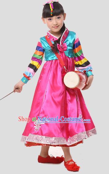 Traditional Chinese Korean Nationality Dance Costume, Children Folk Dance Ethnic Drum Dance Embroidery Pink Dress Clothing for Kids