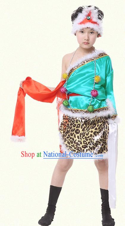 Traditional Chinese Zang Nationality Dance Costume, Children Tibetan Folk Dance Embroidery Green Clothing for Boys