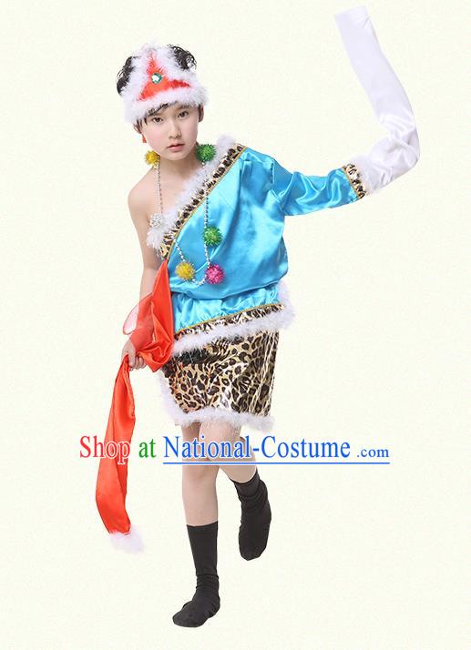 Traditional Chinese Zang Nationality Dance Costume, Children Tibetan Folk Dance Embroidery Blue Clothing for Boys