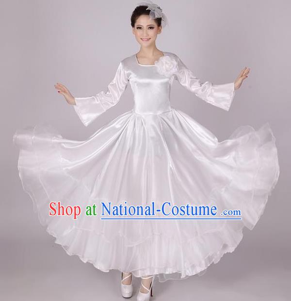 Top Grade Modern Dance Costume, Female Opening Dance Big Swing White Dress for Women