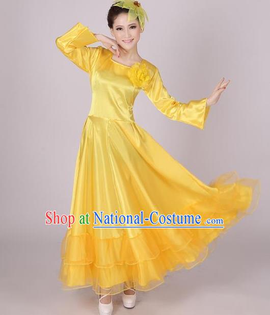 Top Grade Modern Dance Chorus Costume, Female Opening Dance Big Swing Yellow Dress for Women