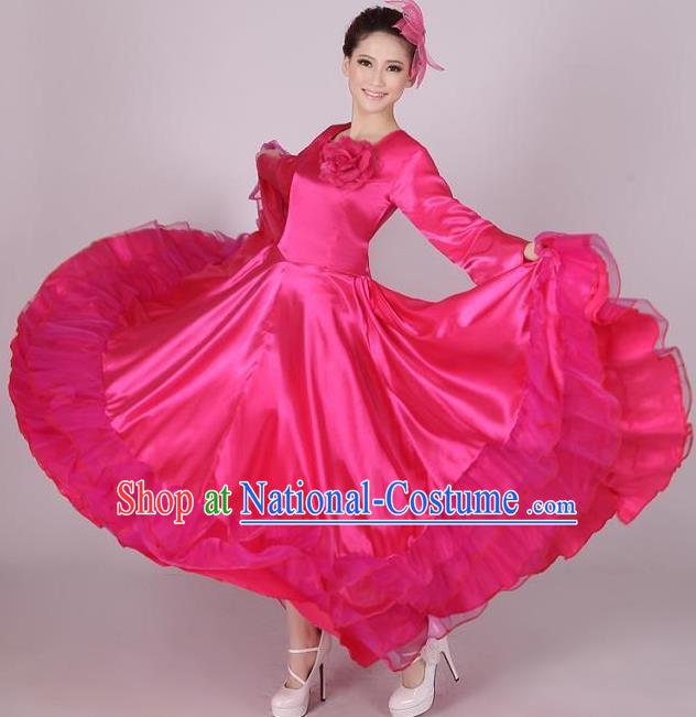 Top Grade Modern Dance Chorus Costume, Female Opening Dance Big Swing Rosy Dress for Women