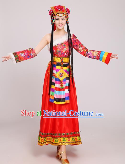 Traditional Chinese Zang Nationality Dance Costume, China Tibetan Minority Embroidery Red Dress for Women