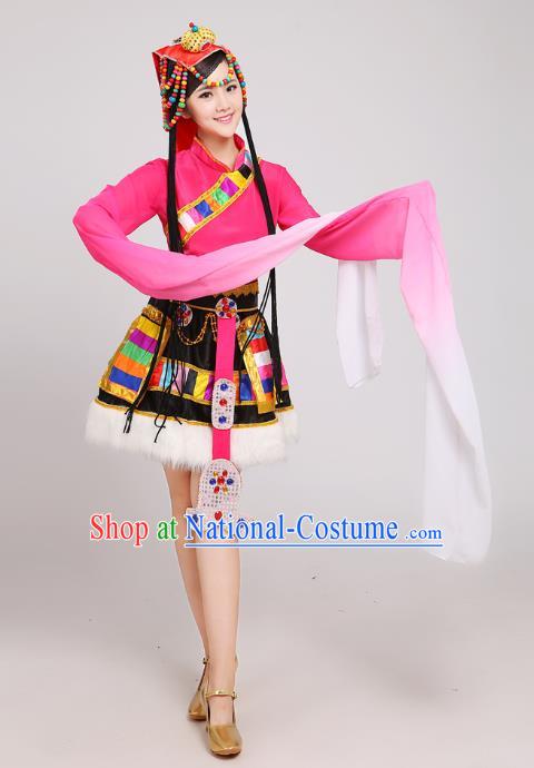 Traditional Chinese Zang Nationality Dance Costume, China Tibetan Minority Embroidery Water Sleeve Pink Dress for Women