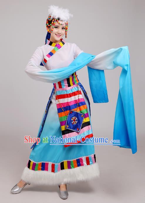 Traditional Chinese Zang Nationality Dance Costume, China Tibetan Minority Embroidery Water Sleeve Blue Dress for Women