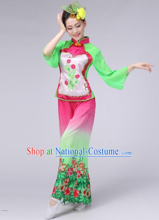 Traditional Chinese Classical Yangge Fan Dance Embroidered Costume, Folk Dance Uniform Umbrella Dance Green Clothing for Women