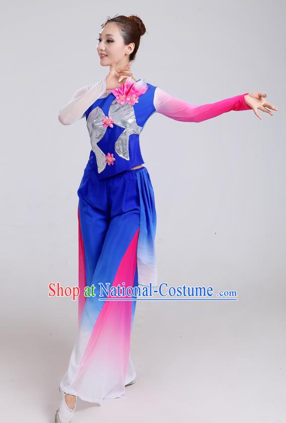 Traditional Chinese Yangge Dance Embroidered Deep Blue Costume, Folk Fan Dance Uniform Classical Umbrella Dance Clothing for Women