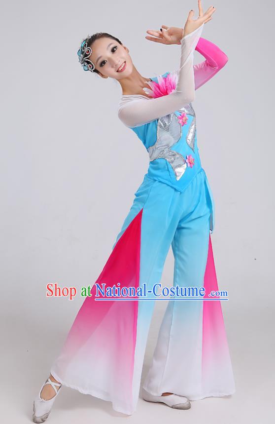 Traditional Chinese Yangge Dance Embroidered Blue Costume, Folk Fan Dance Uniform Classical Umbrella Dance Clothing for Women