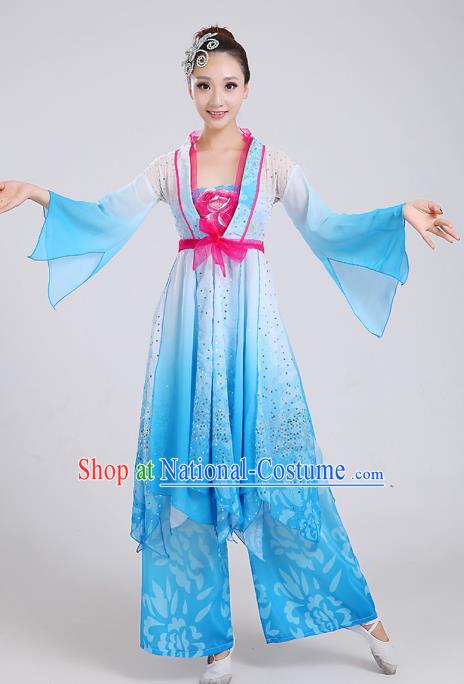 Traditional Chinese Yangge Dance Embroidered Blue Mandarin Sleeve Costume, Folk Fan Dance Uniform Classical Umbrella Dance Clothing for Women