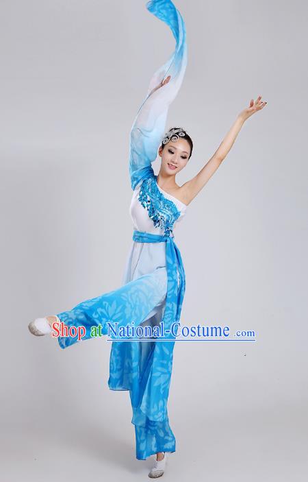 Traditional Chinese Yangge Dance Embroidered Blue Water Sleeve Costume, Folk Fan Dance Uniform Classical Umbrella Dance Clothing for Women