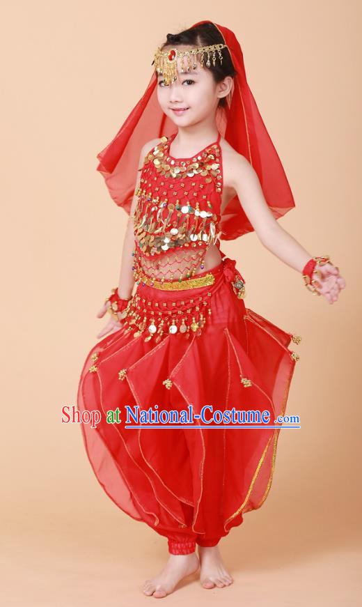 Traditional Chinese Uyghur Nationality Indian Dance Costume, China Uigurian Minority Embroidery Red Clothing for Kids